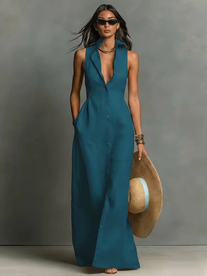 Sleeveless Collared Maxi Dress Button-Front for Women