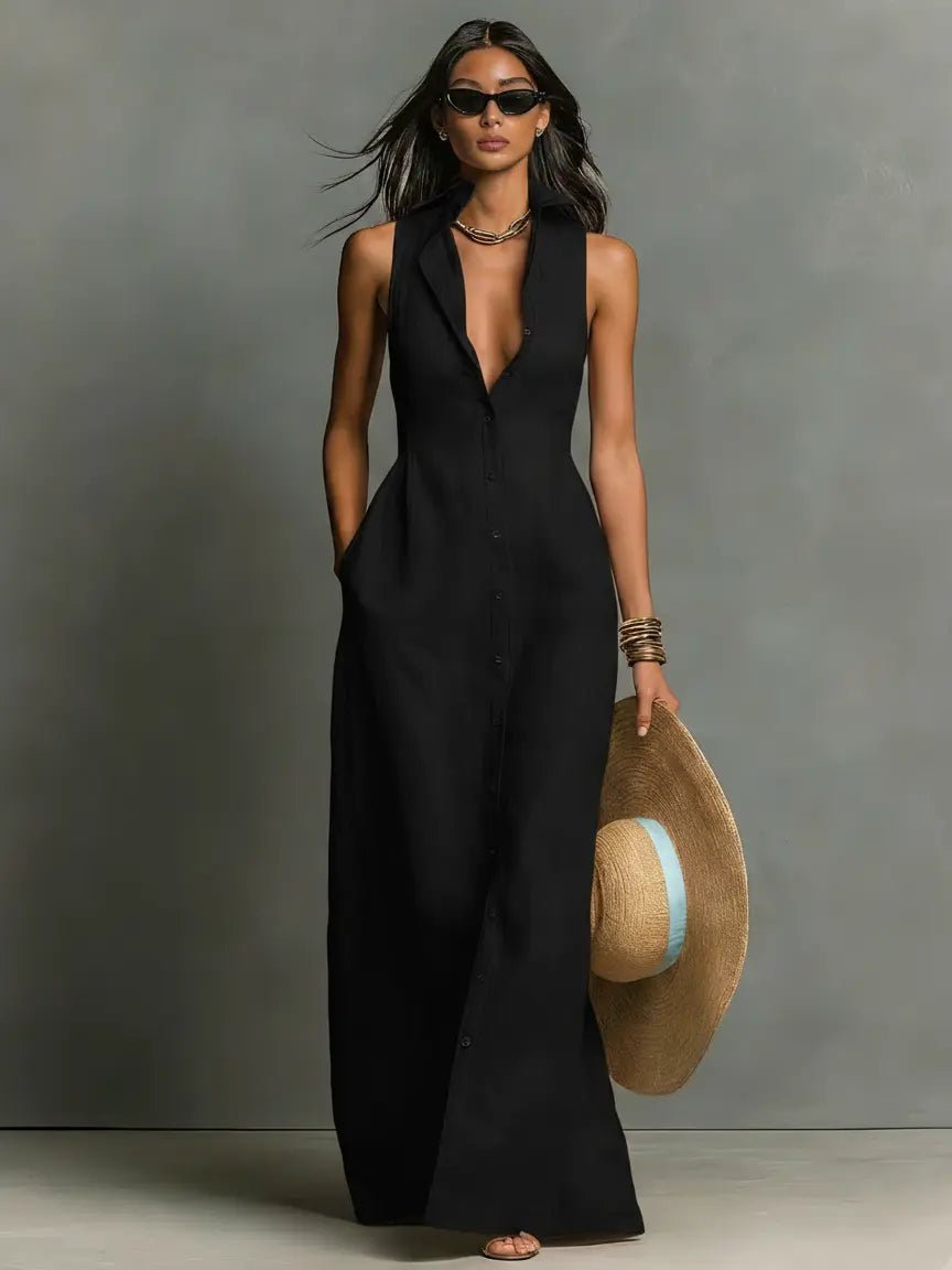 Sleeveless Collared Maxi Dress Button-Front for Women