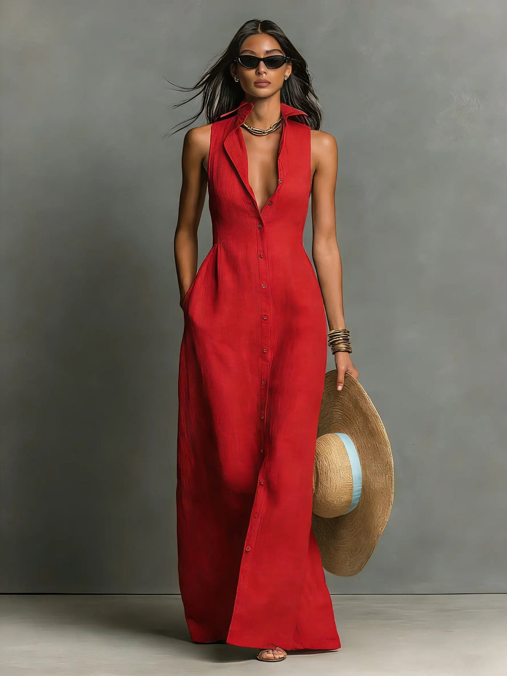 Sleeveless Collared Maxi Dress Button-Front for Women