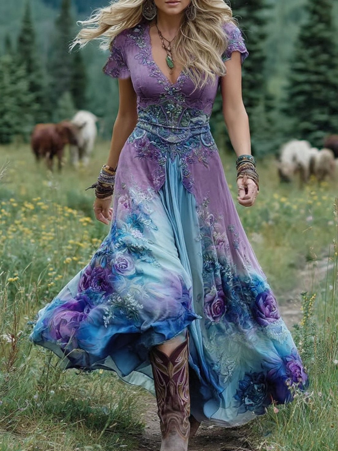 Maxi Dress V-Neck Floral Print for Women