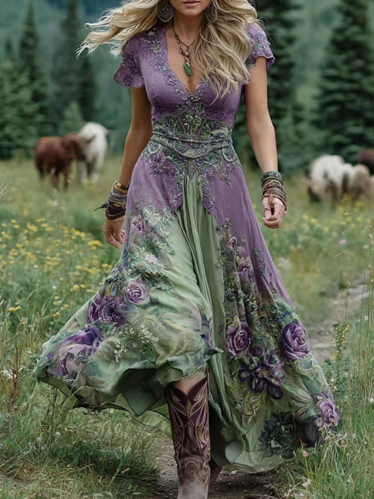 Maxi Dress V-Neck Floral Print for Women