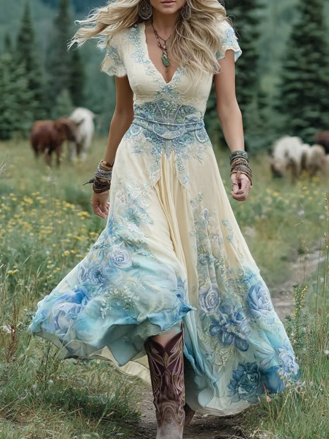 Maxi Dress V-Neck Floral Print for Women