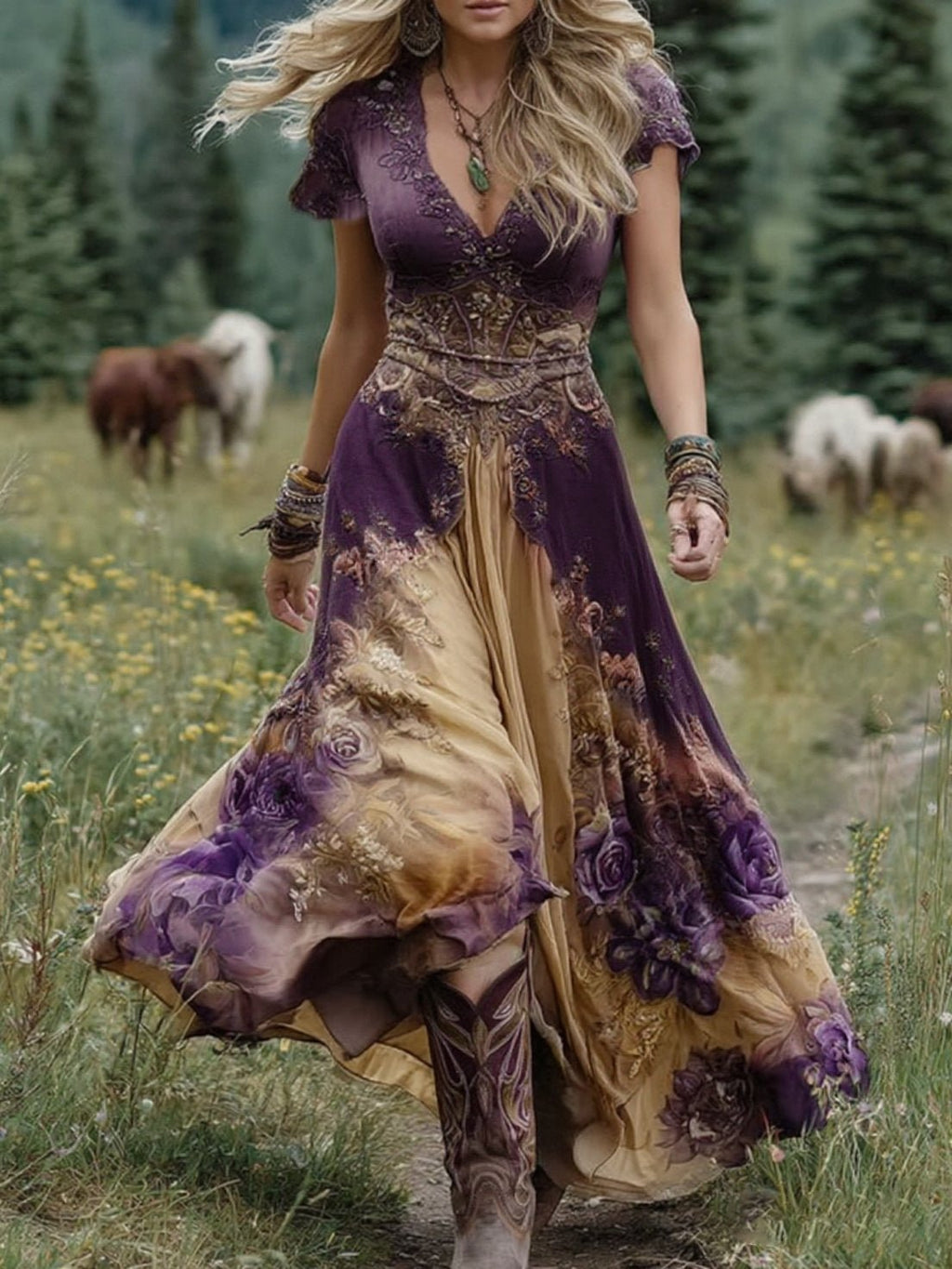 Maxi Dress V-Neck Floral Print for Women