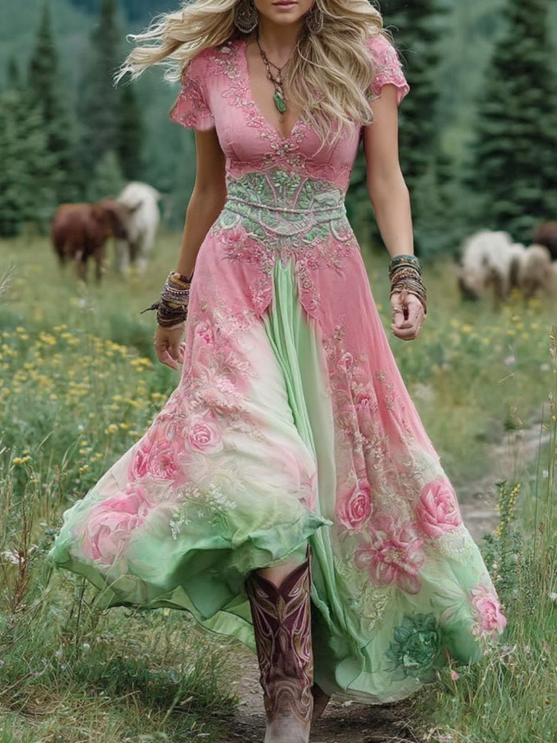 Maxi Dress V-Neck Floral Print for Women
